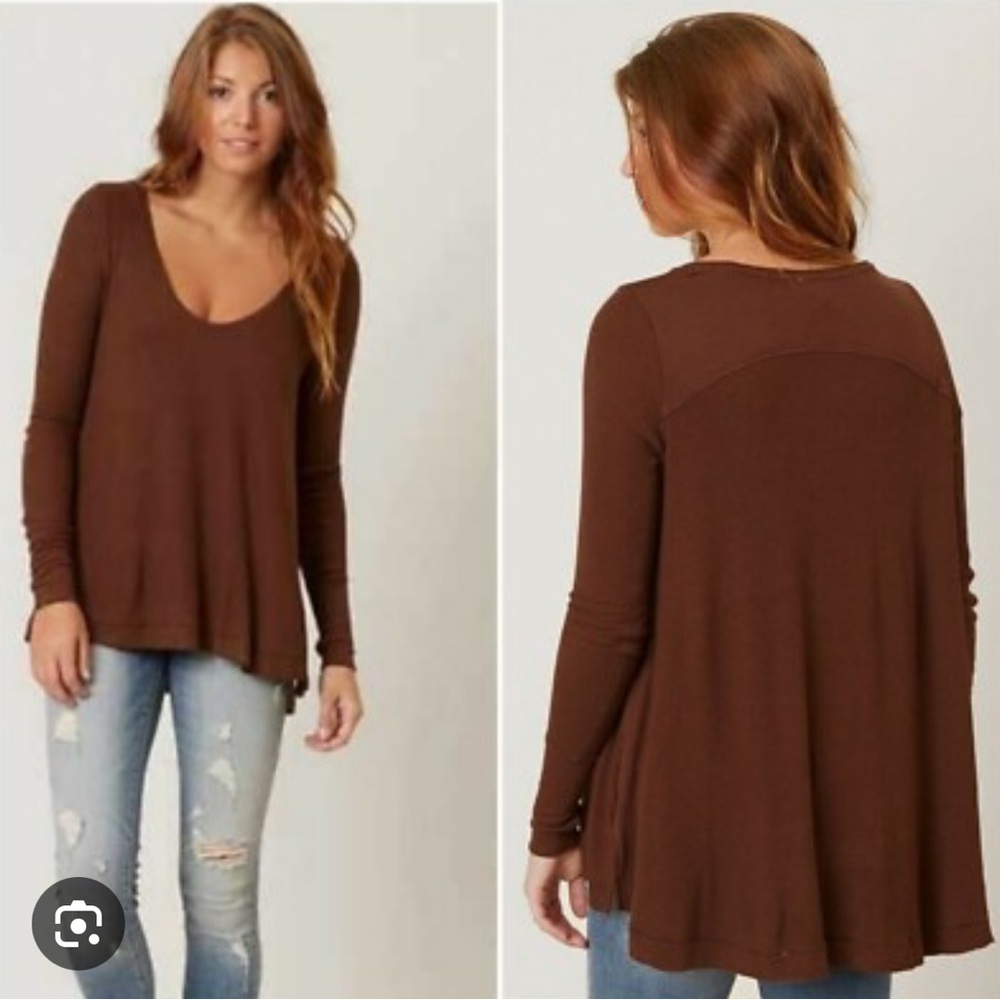 Free People Brown Long Sleeve Scoop Neck Swing Top